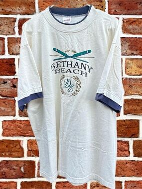 Beach Cream Crewneck Tee with Navy Trim and Beach Graphic